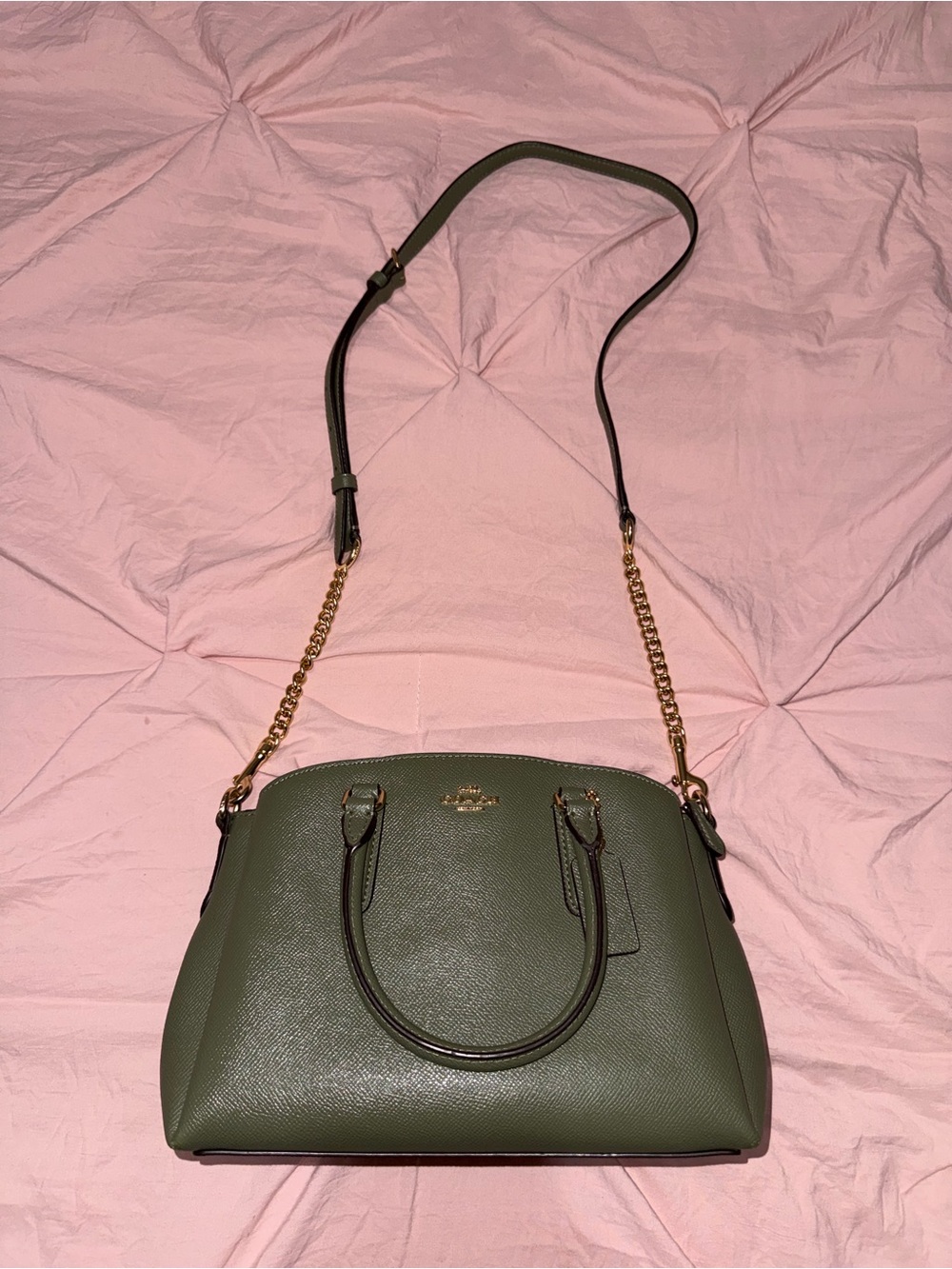 Coach Olive Green Saffiano Dome Satchel with Gold Chain